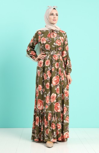 Viscose Floral Print Belt Dress 4542-03 Khaki 4542-03