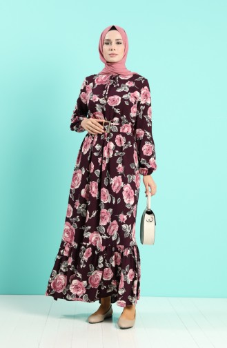 Viscose Floral Print Belt Dress 4542-04 Purple 4542-04