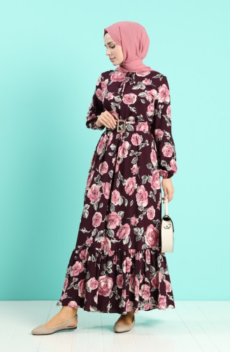 Viscose Floral Print Belt Dress 4542-04 Purple 4542-04