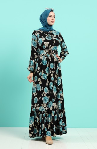 Viscose Floral Print Belt Dress 4542-05 Black 4542-05