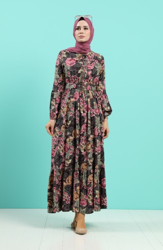 Viscose Floral Patterned Belt Dress 4543-02 Damson 4543-02