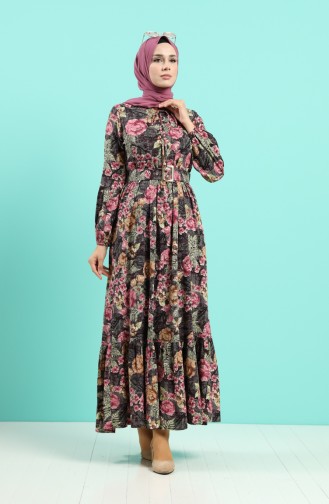 Viscose Floral Patterned Belt Dress 4543-02 Damson 4543-02