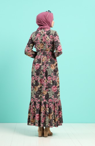 Viscose Floral Patterned Belt Dress 4543-02 Damson 4543-02