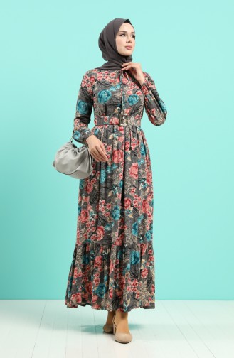 Viscose Floral Print Belt Dress 4543-03 Gray 4543-03