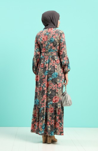 Viscose Floral Print Belt Dress 4543-03 Gray 4543-03