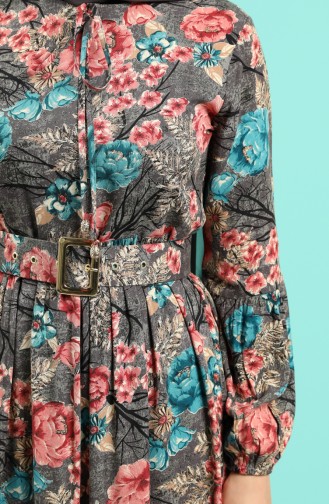 Viscose Floral Print Belt Dress 4543-03 Gray 4543-03