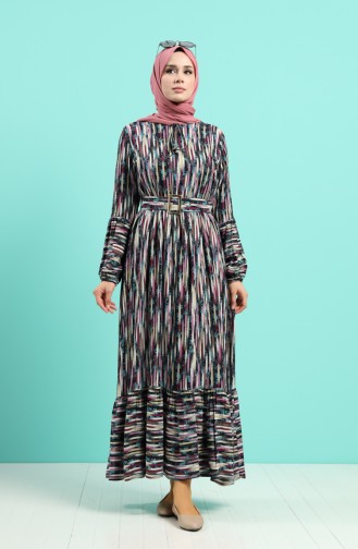 Viscose Striped Belt Dress 4545-01 Purple Blue 4545-01