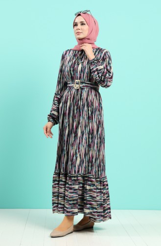 Viscose Striped Belt Dress 4545-01 Purple Blue 4545-01