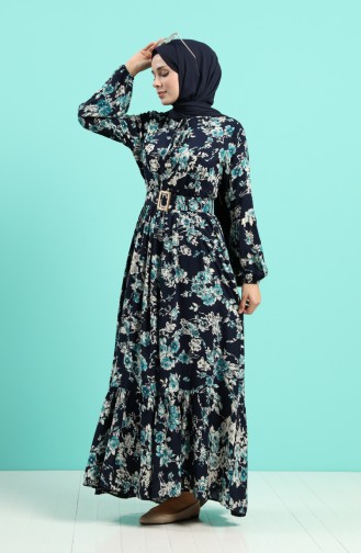 Viscose Floral Patterned Belt Dress 4540-02 Navy Blue 4540-02