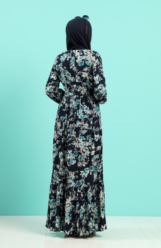 Viscose Floral Patterned Belt Dress 4540-02 Navy Blue 4540-02