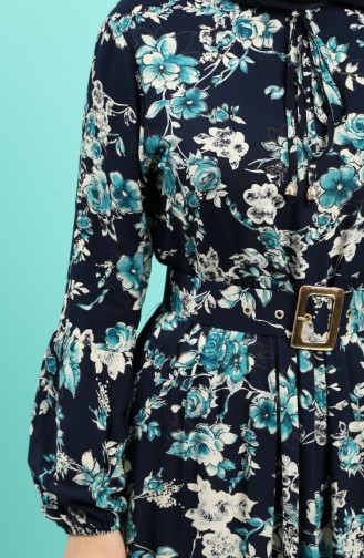 Viscose Floral Patterned Belt Dress 4540-02 Navy Blue 4540-02