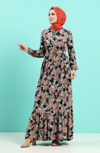 Viscose Floral Print Belt Dress 4541-01 Black 4541-01
