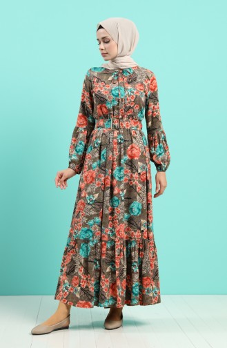 Viscose Floral Print Belt Dress 4543-04 Khaki 4543-04