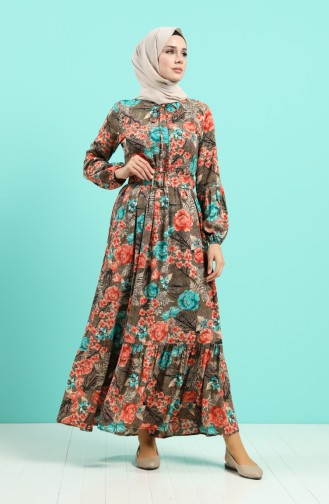 Viscose Floral Print Belt Dress 4543-04 Khaki 4543-04
