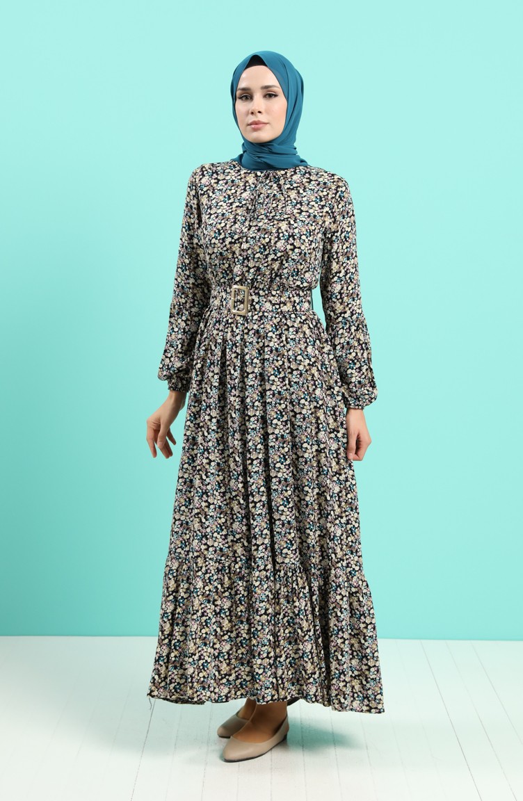 Viscose Floral Print Belt Dress 4544 04 Black Petrol 4544 04 Sefamerve