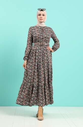 Viscose Floral Print Belt Dress 4544-05 Black Coral 4544-05