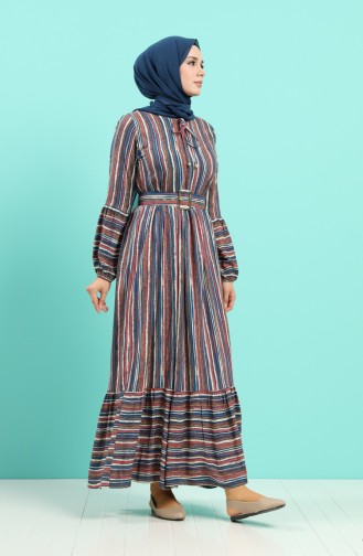 Viscose Striped Belt Dress 4546-01 Petrol 4546-01