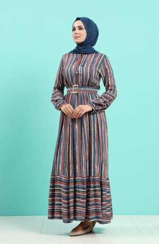 Viscose Striped Belt Dress 4546-01 Petrol 4546-01