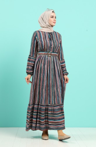 Viscose Striped Belt Dress 4546-02 Turquoise 4546-02