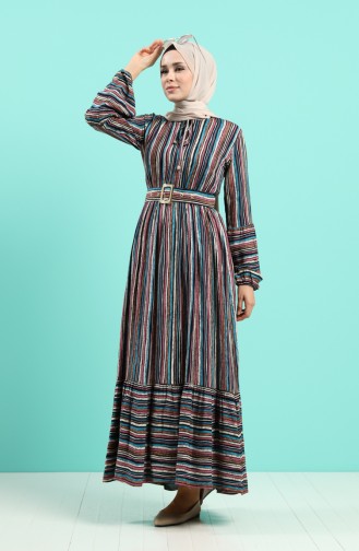 Viscose Striped Belt Dress 4546-02 Turquoise 4546-02