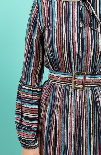 Viscose Striped Belt Dress 4546-02 Turquoise 4546-02