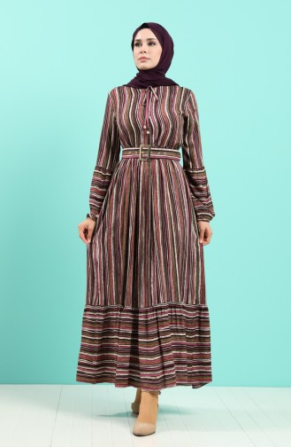 Viscose Striped Belt Dress 4546-03 Damson 4546-03