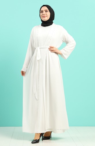 Büyük Beden Elbise Abaya İkili Takım 8007A-04 Beyaz