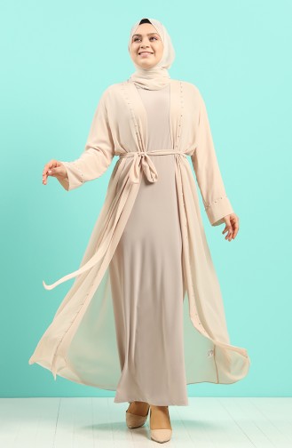 Plus Size Dress Abaya Double Suit 8007a-06 Beige 8007A-06