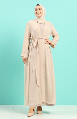 Büyük Beden Elbise Abaya İkili Takım 8007A-06 Bej