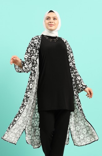 Büyük Beden Bluz Abaya İkili Takım 8010-01 Siyah Beyaz