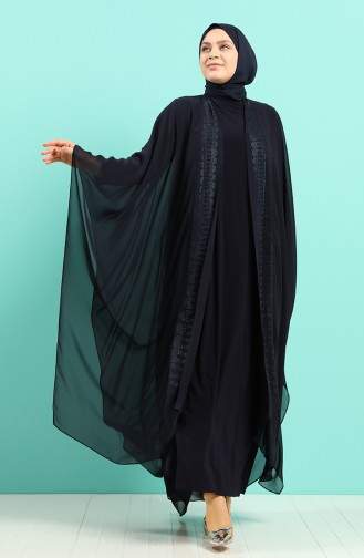 Plus Size Stone Printed Dress Abaya Double Suit 8016-01 Navy Blue 8016-01