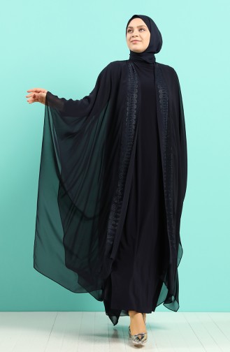 Büyük Beden Taş Baskılı Elbise Abaya İkili Takım 8016-01 Lacivert