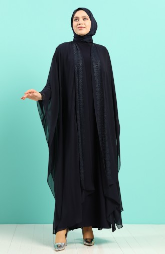 Büyük Beden Taş Baskılı Elbise Abaya İkili Takım 8016-01 Lacivert