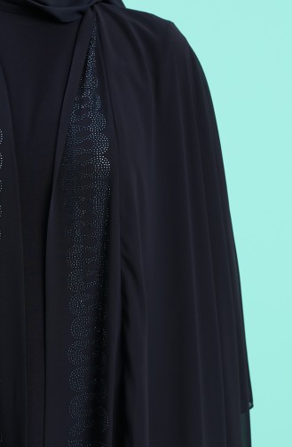 Büyük Beden Taş Baskılı Elbise Abaya İkili Takım 8016-01 Lacivert