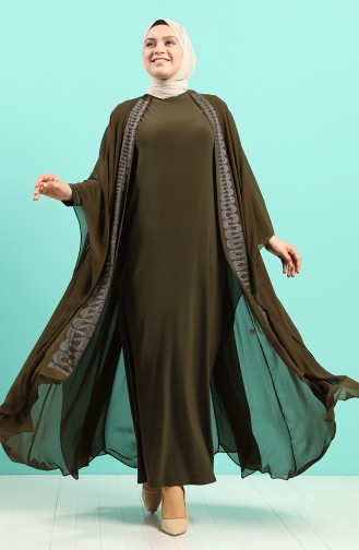 Büyük Beden Taş Baskılı Elbise Abaya İkili Takım 8016-02 Haki