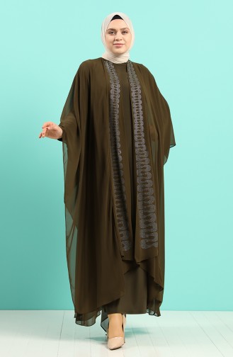 Plus Size Stone Printed Dress Abaya Double Suit 8016-02 Khaki 8016-02