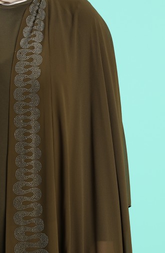 Büyük Beden Taş Baskılı Elbise Abaya İkili Takım 8016-02 Haki