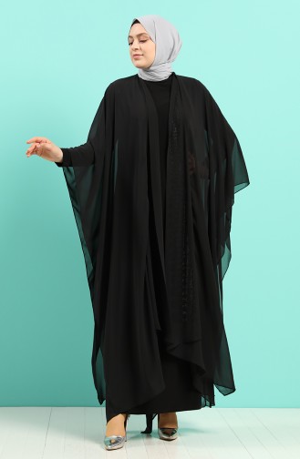 Büyük Beden Taş Baskılı Elbise Abaya İkili Takım 8016-03 Siyah