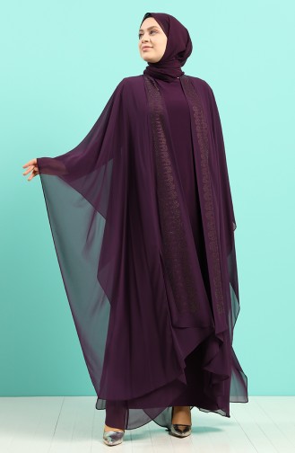 Büyük Beden Taş Baskılı Elbise Abaya İkili Takım 8016-04 Mor