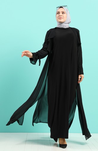 Büyük Beden Taş Baskılı Elbise Abaya İkili Takım 8019-01 Siyah