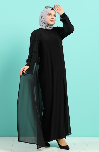 Büyük Beden Taş Baskılı Elbise Abaya İkili Takım 8019-01 Siyah