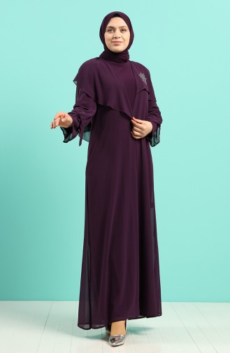 Büyük Beden Taş Baskılı Elbise Abaya İkili Takım 8019-02 Mor