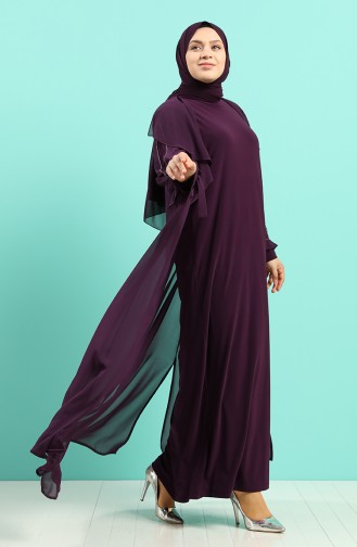 Büyük Beden Taş Baskılı Elbise Abaya İkili Takım 8019-02 Mor