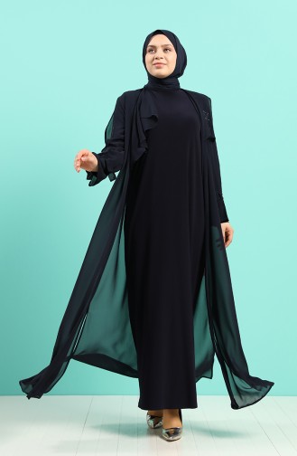 Büyük Beden Taş Baskılı Elbise Abaya İkili Takım 8019-03 Lacivert