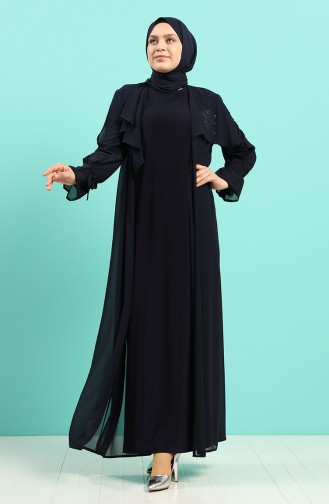 Plus Size Stone Printed Dress Abaya Double Suit 8019-03 Navy Blue 8019-03