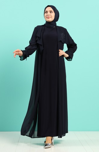 Büyük Beden Taş Baskılı Elbise Abaya İkili Takım 8019-03 Lacivert