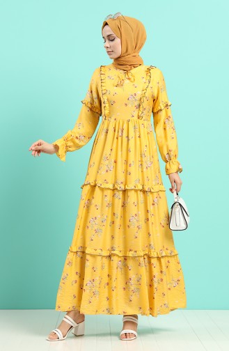 Mustard Hijab Evening Dress 8068-05