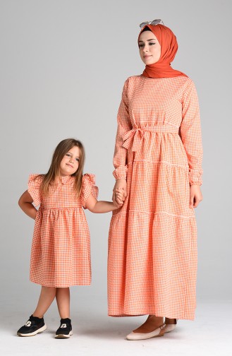 Plaid Mother Girl Combined Dress 4605-01 Orange 4605-01