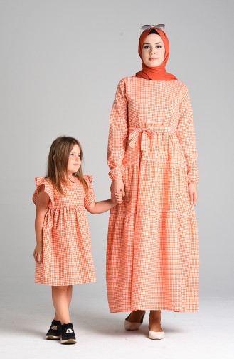 Plaid Mother Girl Combined Dress 4605-01 Orange 4605-01
