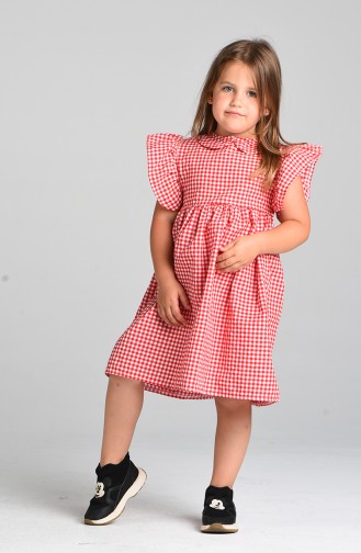 Kareli Çocuk Elbisesi 4606-01 Kırmızı